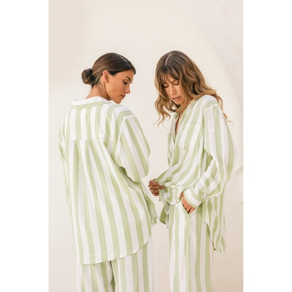 Piyama Green White Striped Button Up Shirt | 100% Rayon | Women's XL - Picture 3 of 10